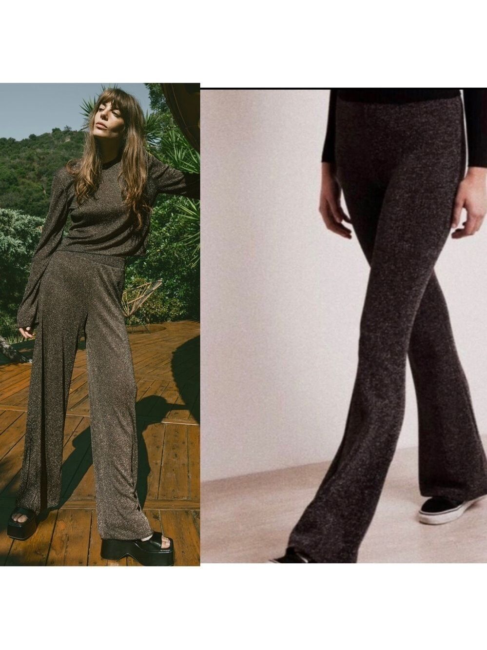 Zara Special edition black gold knit metallic glitter flare pants Sz M NWT